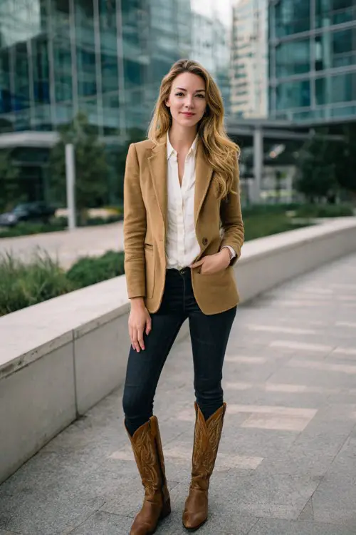 A woman wears a camel blazer over a white blouse and dark skinny jeans tucked into tall brown cowboy boots