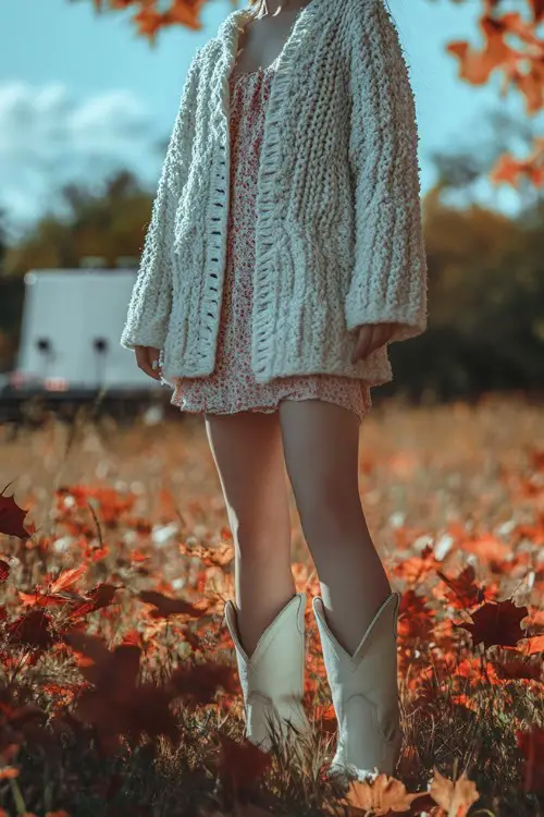 A woman wears a cozy oversized cardigan over a short dress and white cowboy boots, standing in a field with a fall concert stage and colorful leaves around