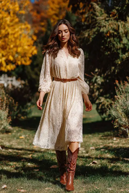A woman wears a cream lace midi dress with long sleeves, paired with tall brown cowboy boots and a suede belt