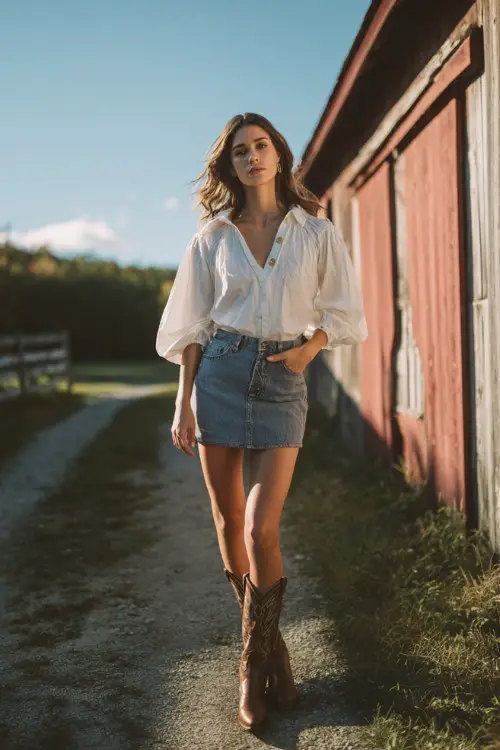 A woman wears a denim mini skirt with brown tall cowboy boots and a white puff-sleeve blouse (2)