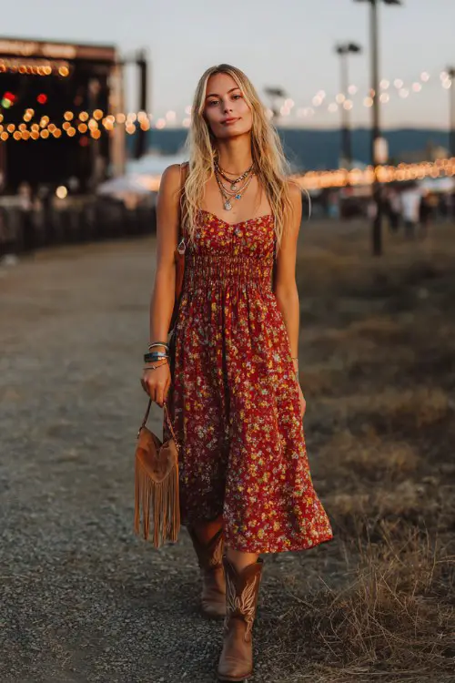 A woman wears a flowy floral midi dress paired with classic cowboy boots, layered necklaces, and a fringe crossbody bag
