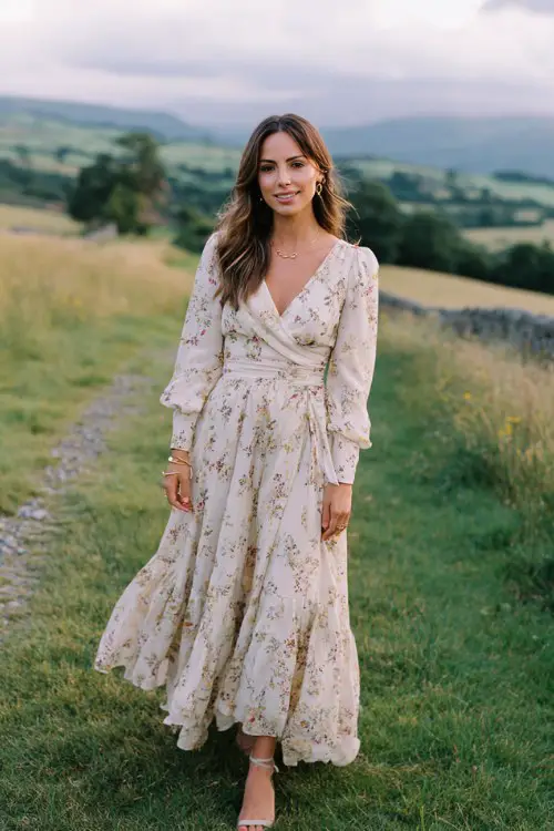 A woman wears a modest floral maxi dress with long sleeves, soft ruffle hem and cinched waist, paired with elegant sandals and delicate accessories
