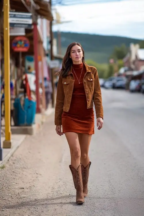 A woman wears a rust corduroy mini dress layered over a fitted turtleneck, paired with tall brown cowboy boots and a suede jacket