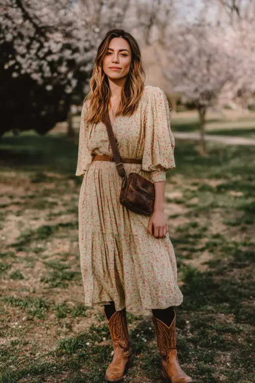 A woman wears a soft floral midi dress layered over black leggings with classic brown cowboy boots, styled with a crossbody bag, standing in a blooming spring park