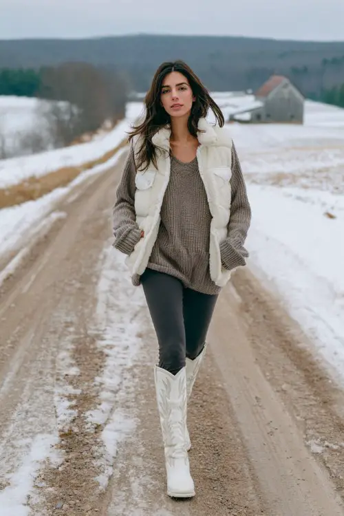 A woman wears black leggings and a taupe oversized knit sweater, paired with tall white cowboy boots and a shearling-lined vest