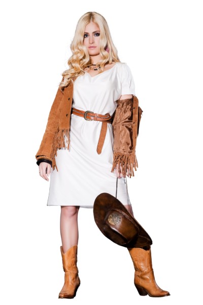 A woman wears brown boots with coat and white dress