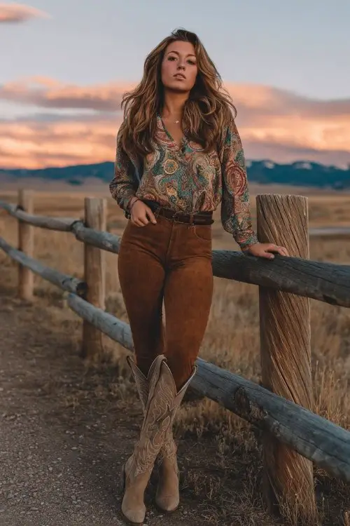 A woman wears brown suede leggings tucked into distressed tall cowboy boots, with a boho printed blouse