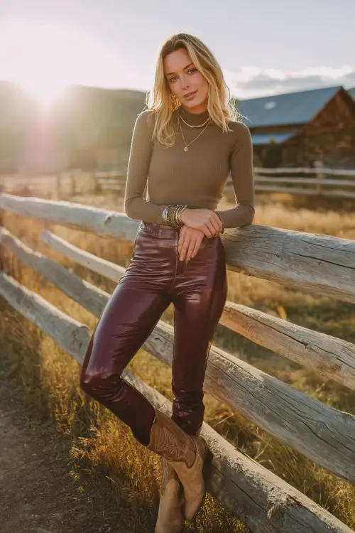 A woman wears burgundy faux leather leggings styled with tan cowboy boots, a fitted turtleneck, and layered bracelets