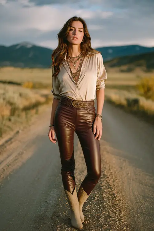 A woman wears chocolate brown faux leather leggings with neutral cowboy boots, a fitted blouse, and layered necklaces, photographed near a scenic countryside road at sunset