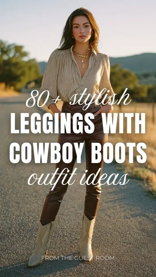 A woman wears chocolate brown leggings with cowboy boots outfit, a fitted blouse, and layered necklaces