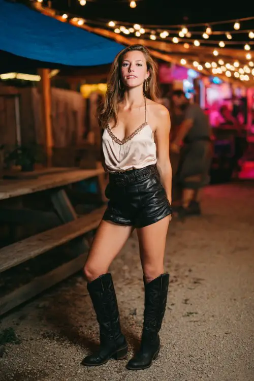 A woman wears high-rise leather shorts with black tall cowboy boots and a silky camisole