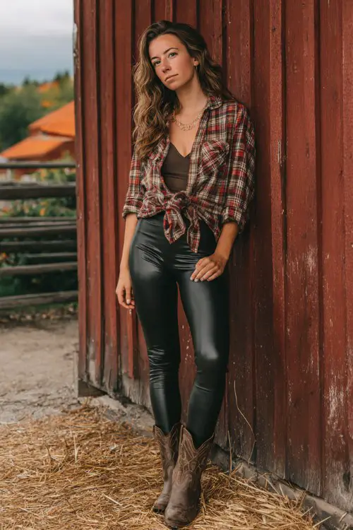 A woman wears leather-look leggings with a cozy plaid flannel shirt layered over a basic top and classic cowboy boots