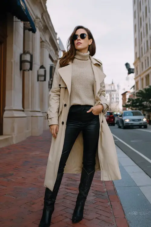 A woman wears leather-look leggings with black short cowboy boots, a belted trench coat over a fitted sweater, sleek sunglasses completing the outfit