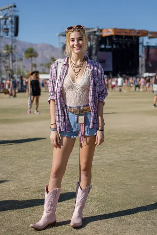A woman wears pastel pink cowboy boots with high-waisted denim shorts, a lace bodysuit and oversized flannel shirt tied at the waist