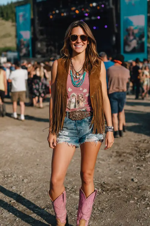 A woman wears pink cowboy boots with distressed denim shorts, a fitted graphic band tee and fringe suede vest, styled with layered turquoise necklaces and a western belt