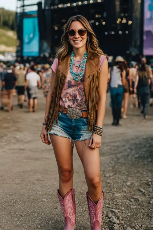 A woman wears pink cowboy boots with distressed denim shorts, a fitted graphic band tee and fringe suede vest, styled with layered turquoise necklaces and a western belt