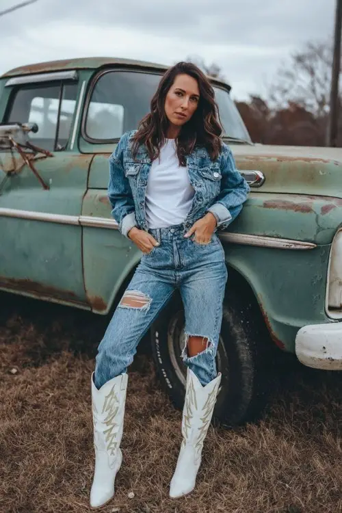 A woman wears ripped skinny jeans tucked into white tall cowboy boots, with a denim jacket and simple white tee, posing near a vintage pickup truck