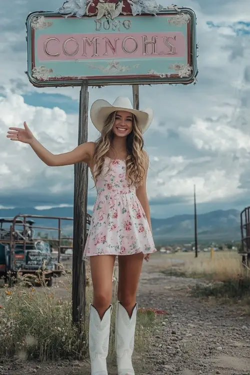 A woman wears short pink floral dress with white cowboy hat and white cowboy boots at Coachella festival