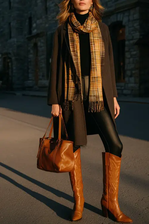 A woman wears sleek black leggings with caramel cowboy boots, a long tailored wool coat layered over a fitted turtleneck and plaid scarf