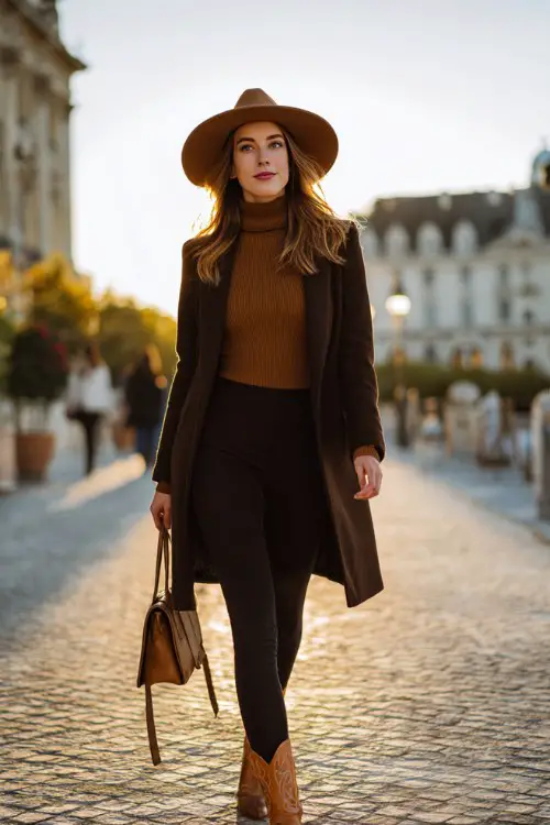 A woman wears sleek black leggings with caramel cowboy boots, a tailored wool coat over a fitted turtleneck, finished with a wide-brim felt hat and structured handbag