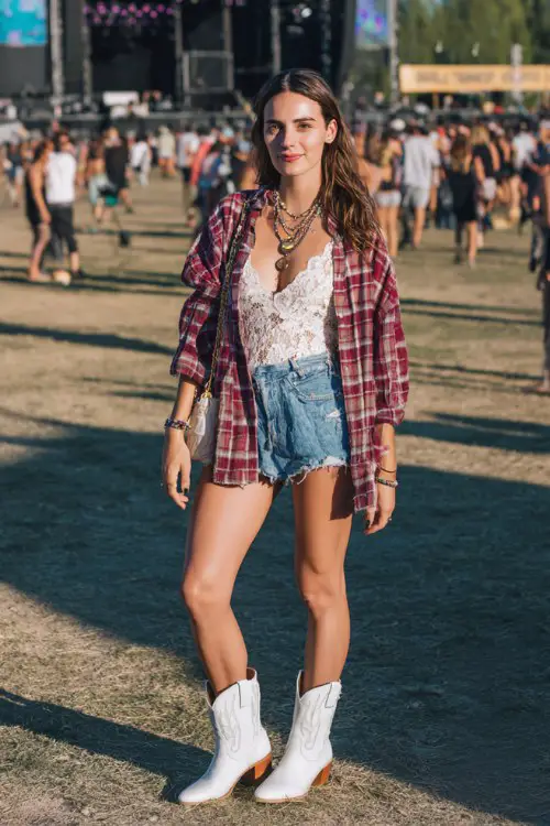 A woman wears white ankle cowboy boots with high-waisted denim shorts, a lace bodysuit and oversized flannel shirt, accessorized with layered necklaces and a bag