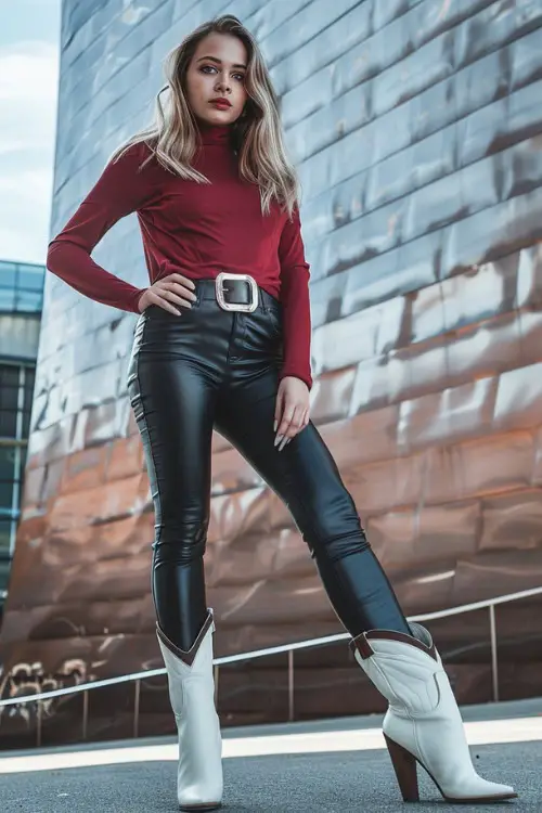 A woman wears white cowboy boots, black leggings and a burgundy shirt