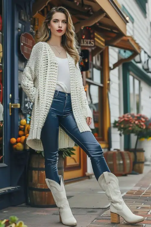 A woman wears white cowboy boots with blue leather leggings, white top, cardigan