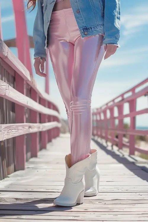 A woman wears white cowboy boots with pink leather leggings and denim jacket