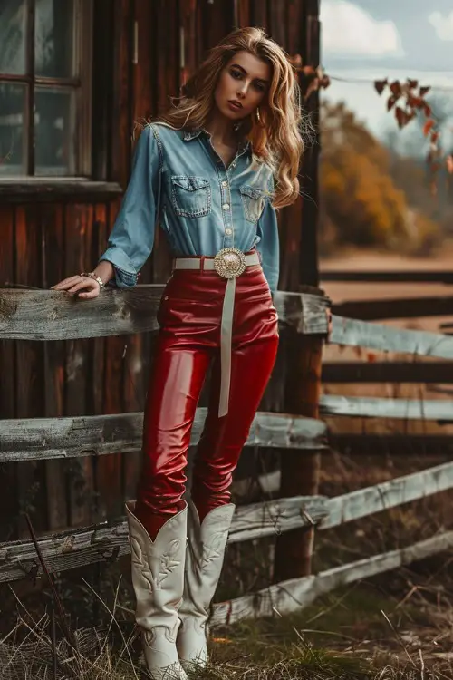 A woman wears white cowboy boots with red leather leggings and denim top