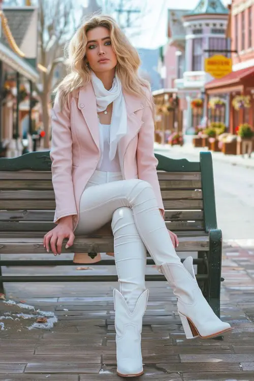 A woman wears white cowboy boots with white leather leggings and a pink blazer