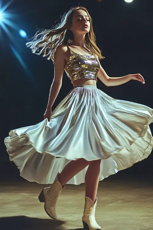 A young woman in a metallic crop top, flowing midi skirt, and white cowboy boots, with a lightly lit background that suggests a concert setting without distractions