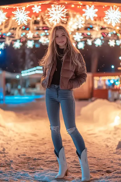 A young woman in a puffer jacket, skinny jeans, and white cowboy boots, standing near a concert stage decorated for winter,