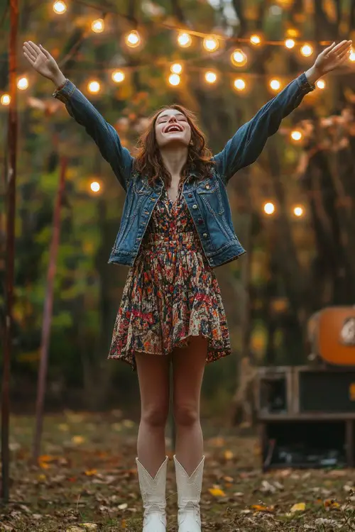 A young woman in a short, patterned dress, layered with a denim jacket and white cowboy boots (2)