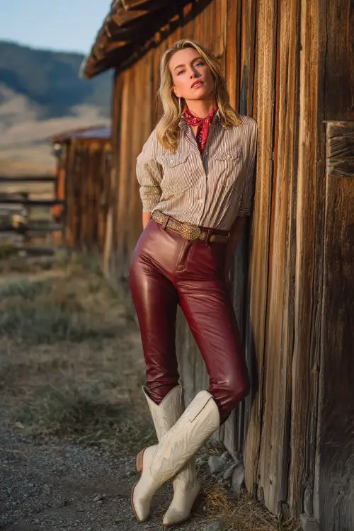 Blonde woman leaning against rustic wooden barn wearing deep red leather leggings with cream cowboy boots, chambray button-up shirt tucked in, western belt