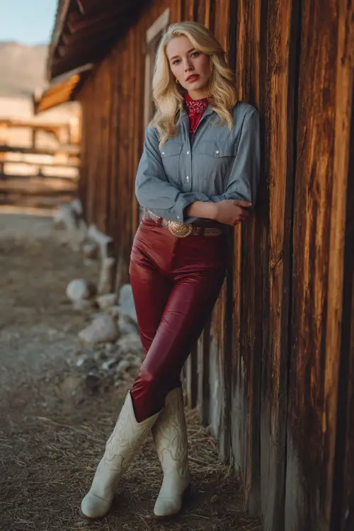 Blonde woman leaning against rustic wooden barn wearing deep red leather leggings with cream cowboy boots, chambray button-up shirt tucked in, western belt