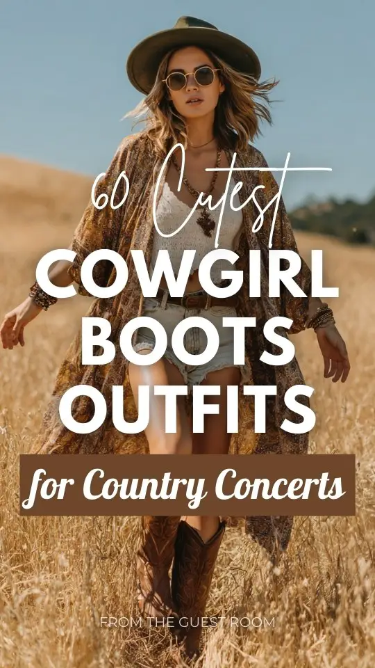 Boho festival outfit with a flowy paisley kimono over a white crochet crop top and distressed denim shorts, styled with brown cowgirl boots outfit for country concert