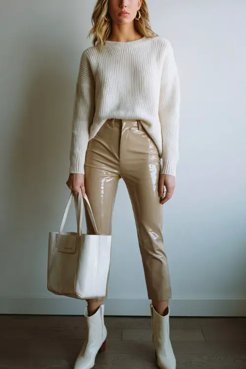 Clean neutral outfit with beige leather leggings, cream cowboy boots, monochrome ivory sweater, structured tote bag