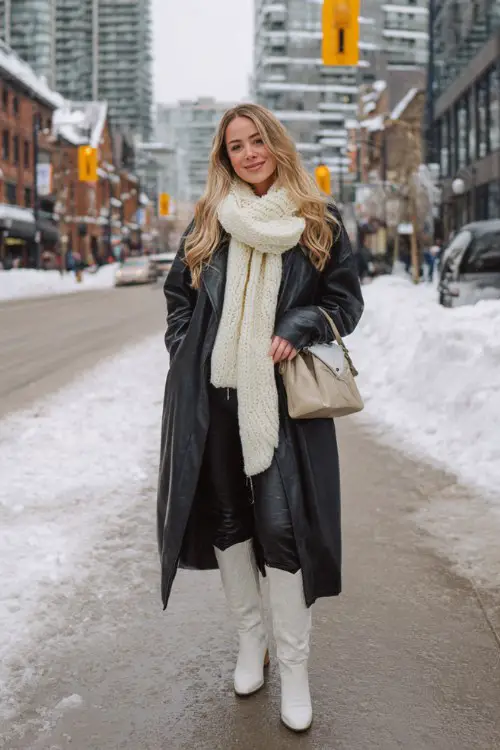 Cold-weather styling with black leather leggings, white cowboy boots, long wool coat, chunky knit scarf, structured handbag