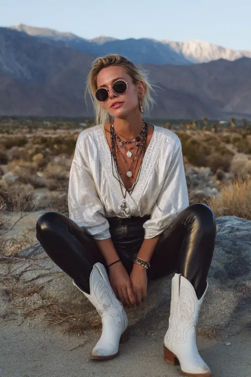 Festival-ready outfit featuring black leather leggings, embroidered white cowboy boots, flowy bohemian blouse