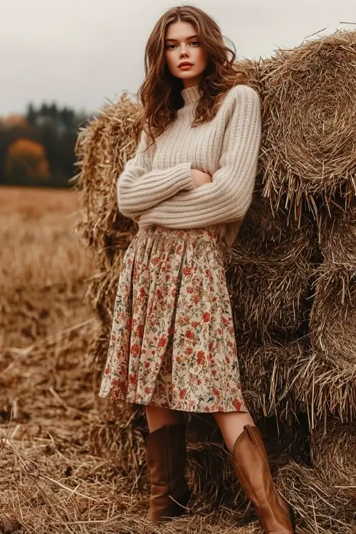 Full-body image of a woman in beige cowboy boots, a midi skirt with autumn floral patterns, and a warm wool sweater (2)