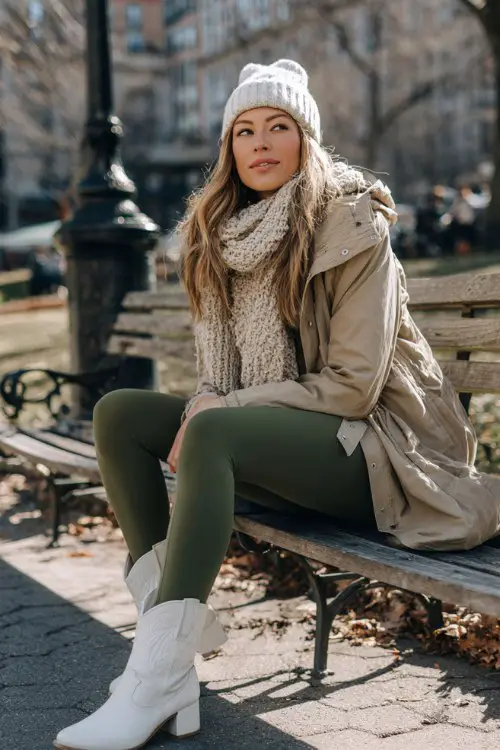 Woman sitting on park bench wearing olive green leggings with white cowboy boots, beige parka coat, knit scarf and beanie