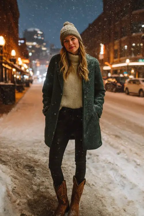 Woman standing in snowy city street at dusk wearing black leggings with brown cowboy boots, dark green wool coat, cream turtleneck sweater, knit beanie