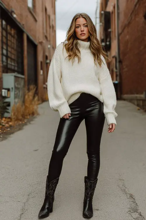 Woman standing in urban alley wearing black faux leather leggings with black cowboy boots, oversized cream turtleneck sweater