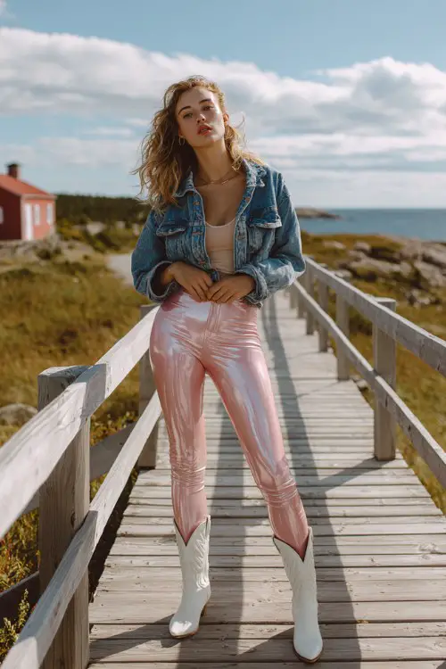 Woman standing on a wooden boardwalk wearing glossy blush pink leggings with white cowboy boots, light denim jacket over neutral top