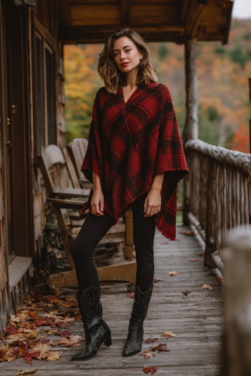 Woman standing on rustic porch wearing black leggings with black heeled cowboy boots, oversized red plaid poncho