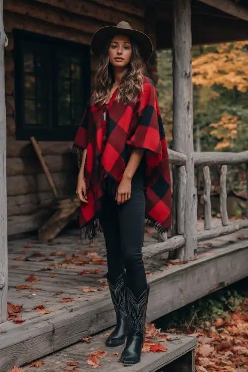 Woman standing on rustic porch wearing black leggings with black heeled cowboy boots, oversized red plaid poncho
