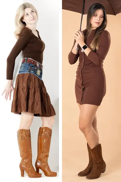 Women wear brown cowboy boot outfits for spring