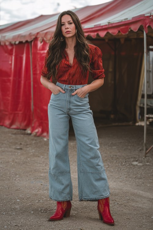 a full body woman wears a wide leg jeans over red cowboy boots for country concert