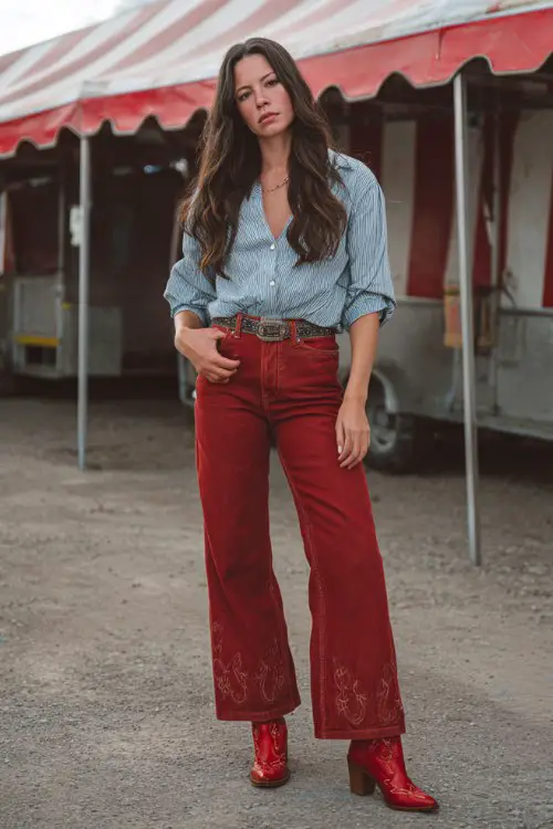 a full body woman wears a wide leg jeans over red cowboy boots for country concert