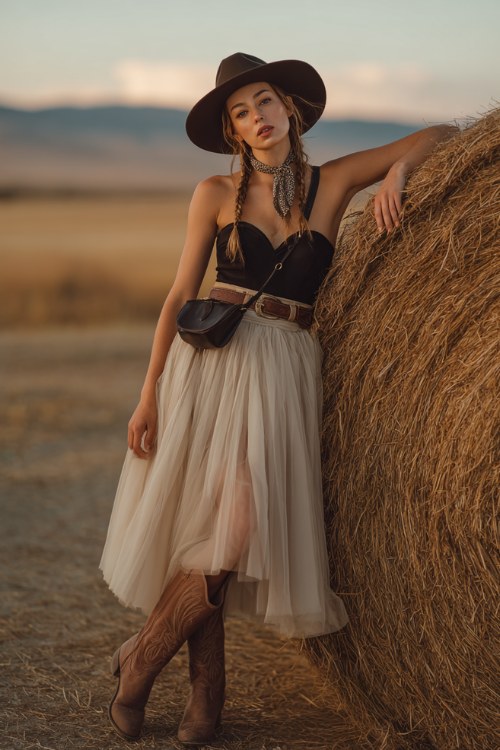 a woman wearing tall brown leather cowboy boots, a flowy ivory tulle midi skirt, a fitted black sweetheart bodice top, a wide western belt, a silk neck scarf